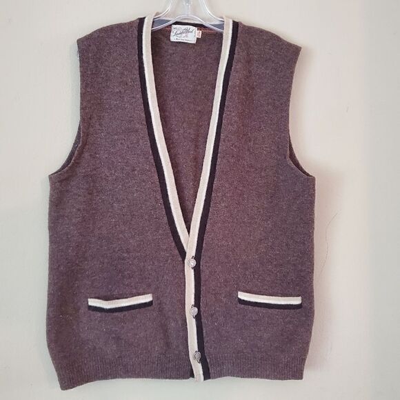 LAMBSWOOL  Men's Brown Vest Size Large 100% Wool  Vintage  Preppy - Picture 1 of 5